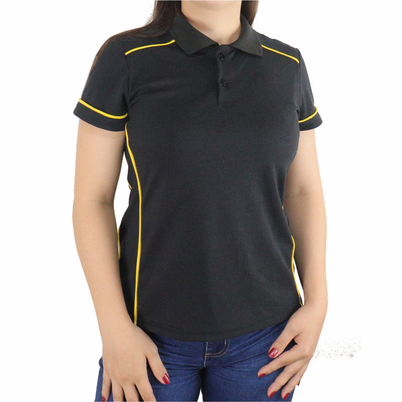 Camisa feminina polo manga curta gola pronta com recorte laterais e vivos