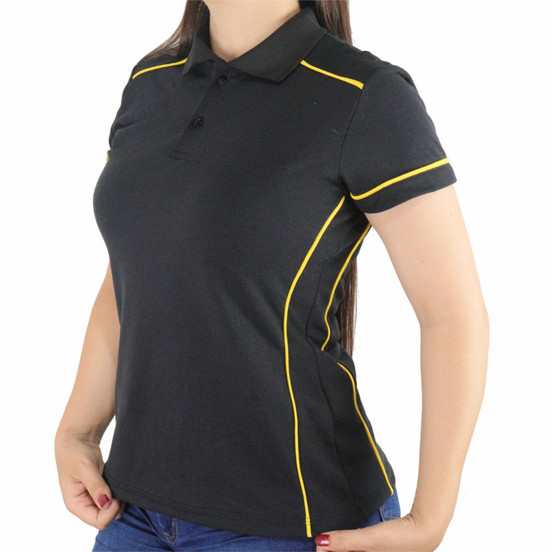 Camisa feminina polo manga curta gola pronta com recorte laterais e vivos