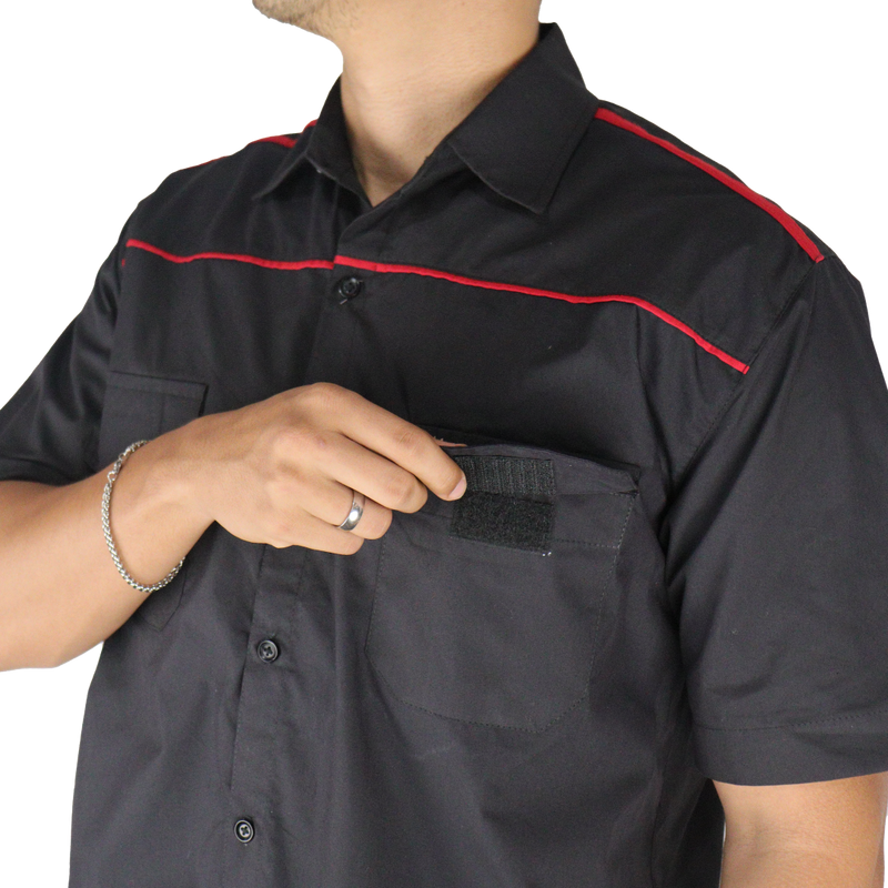 Camisa masculina social clássica com bolso manga curta com recortes e vivos