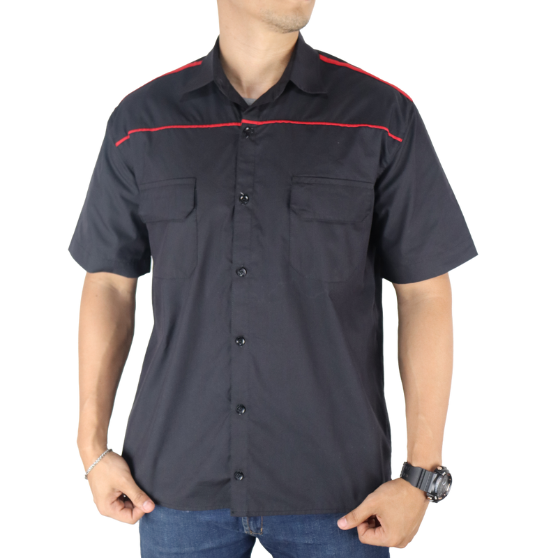 Camisa masculina social clássica com bolso manga curta com recortes e vivos