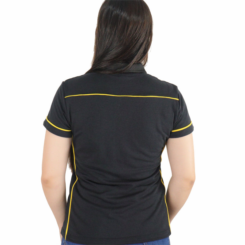 Camisa feminina polo manga curta gola pronta com recorte laterais e vivos