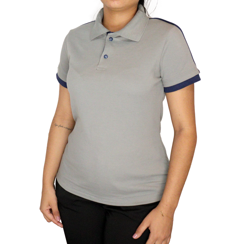 Camisa feminina polo manga curta gola pronta com vivos verticais nas mangas